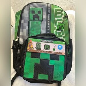 Minecraft Creeper 17" Backpack and Lunch Bag Set, 3-Piece, Black Green —NWT